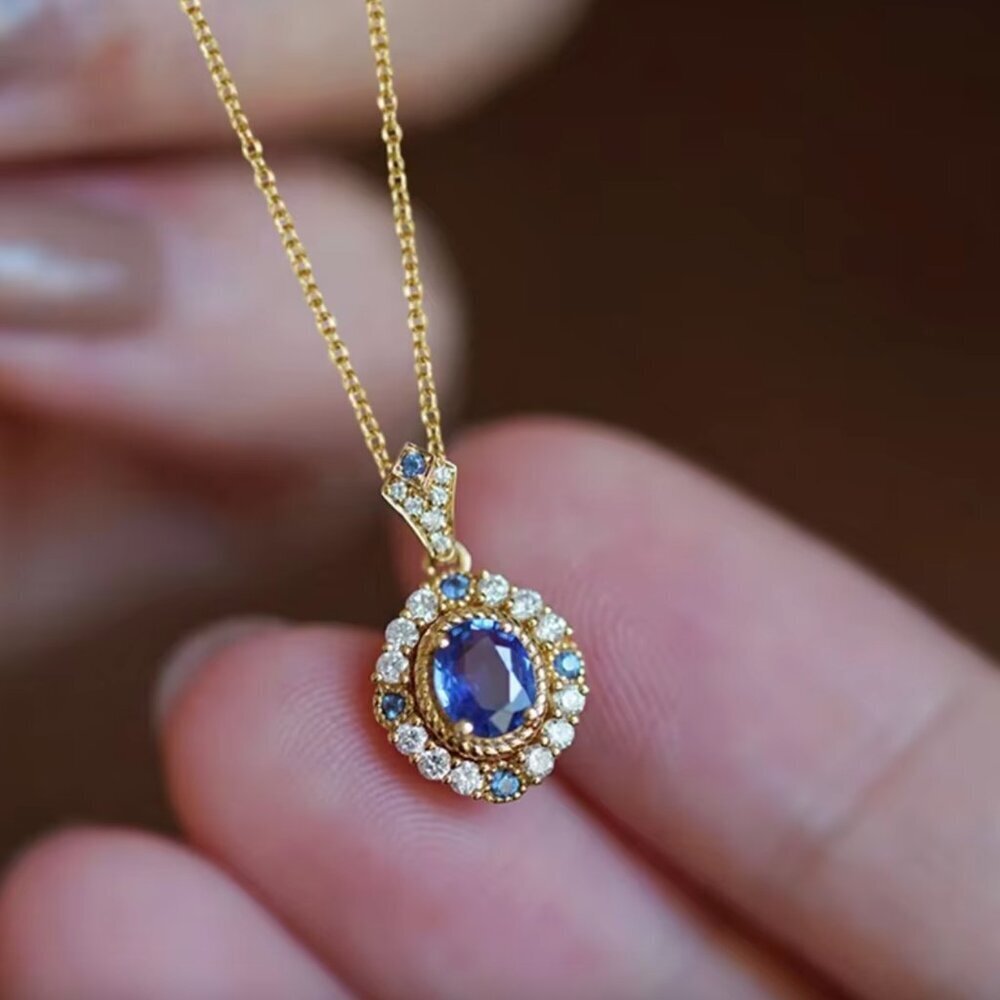 NEW 14k Yellow Gold Diamond Sapphire Necklace Dainty Pedant Necklace